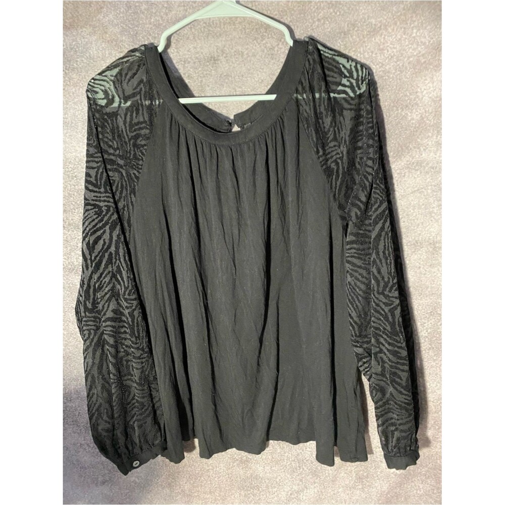 Zac & Rachel Woman Black Blouse 2X Sheer Zebra Print Long Sleeve Keyhole Top